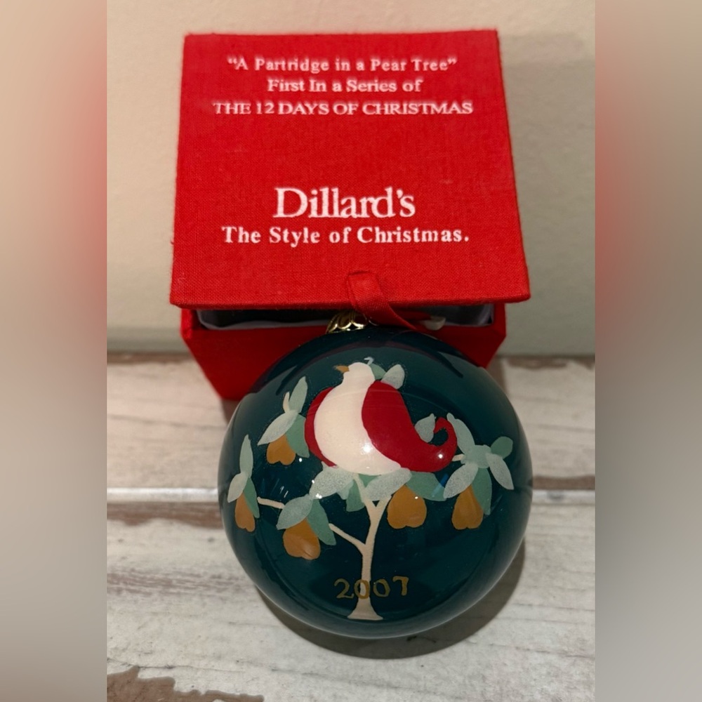 Dillard's 12 Days of Christmas 2007 1st Ornament Partridge In a Pear Tree & Box